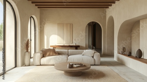 Beige Minimalist Living Room Interior Design, Modern Home Decor