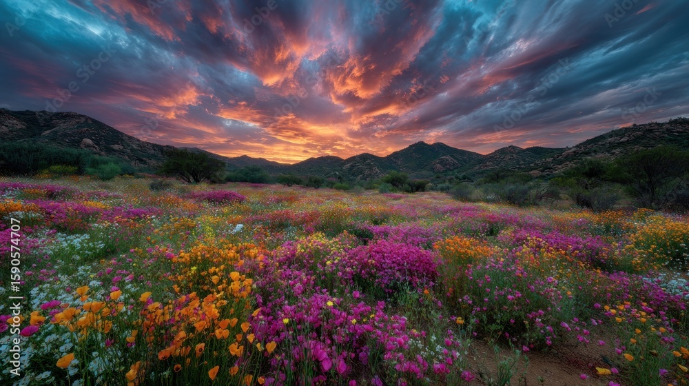 Fototapeta premium Vibrant Sunset Over a Blooming Wildflower Meadow