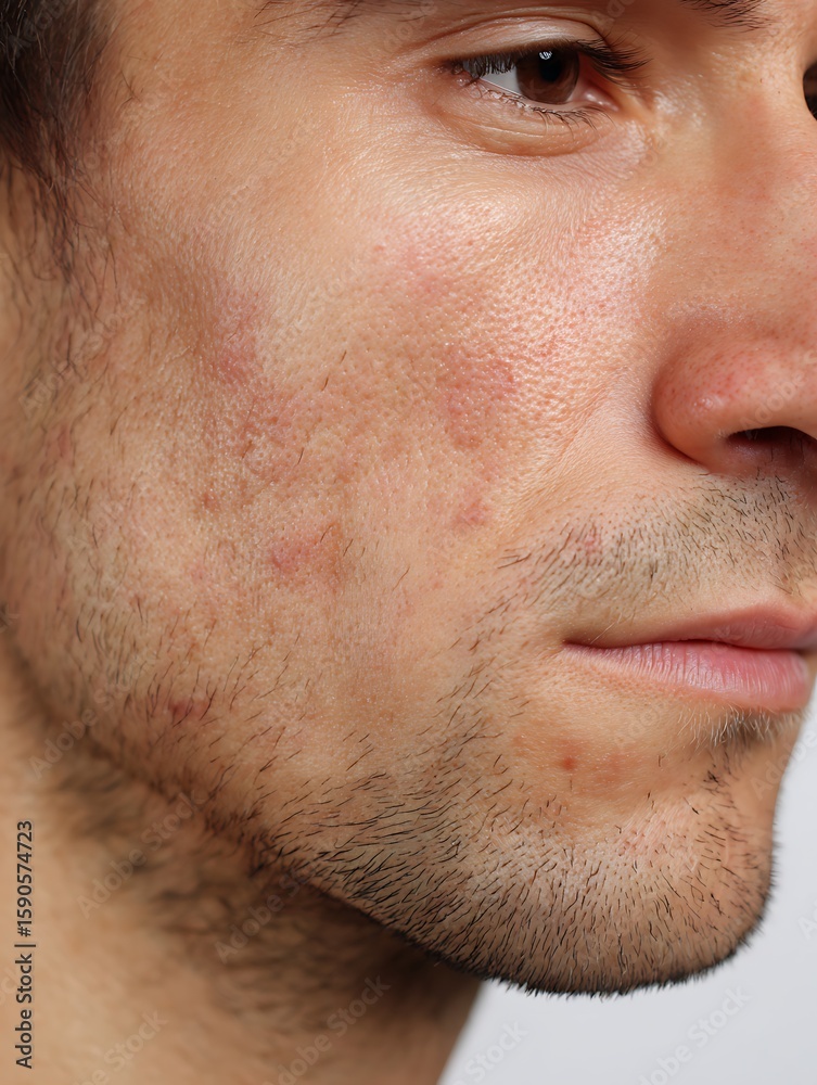 Obraz premium Close-up of a cheek with a slight allergic reaction, redness, and peeling. Suitable for showing sensitive skin or for advertising products for sensitive skin.