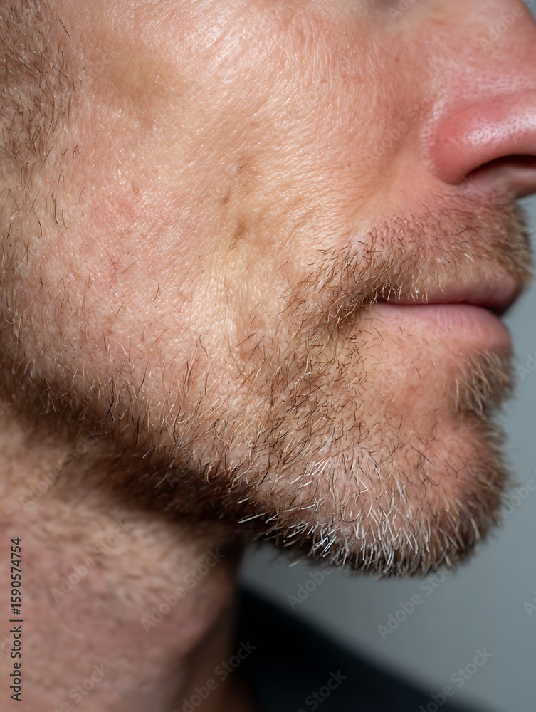 Fototapeta premium Focus on the man's skin after shaving, with small red spots and slight irritation. Suitable for advertising after-shave or soothing gel.