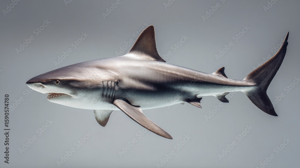 Fototapeta premium Silver shark swimming underwater against gray background