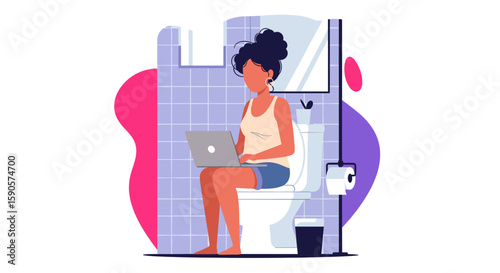 Illustration of a woman working on her laptop while sitting on the toilet; perfect for articles about work-life balance, remote work, or humorous social media posts.
