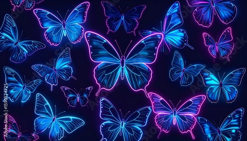 Neon butterflies on dark background