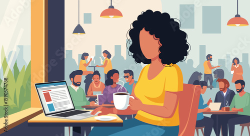 Illustration of a woman working on her laptop in a busy cafe, perfect for blog posts about remote work, coworking spaces, or the freelance lifestyle.