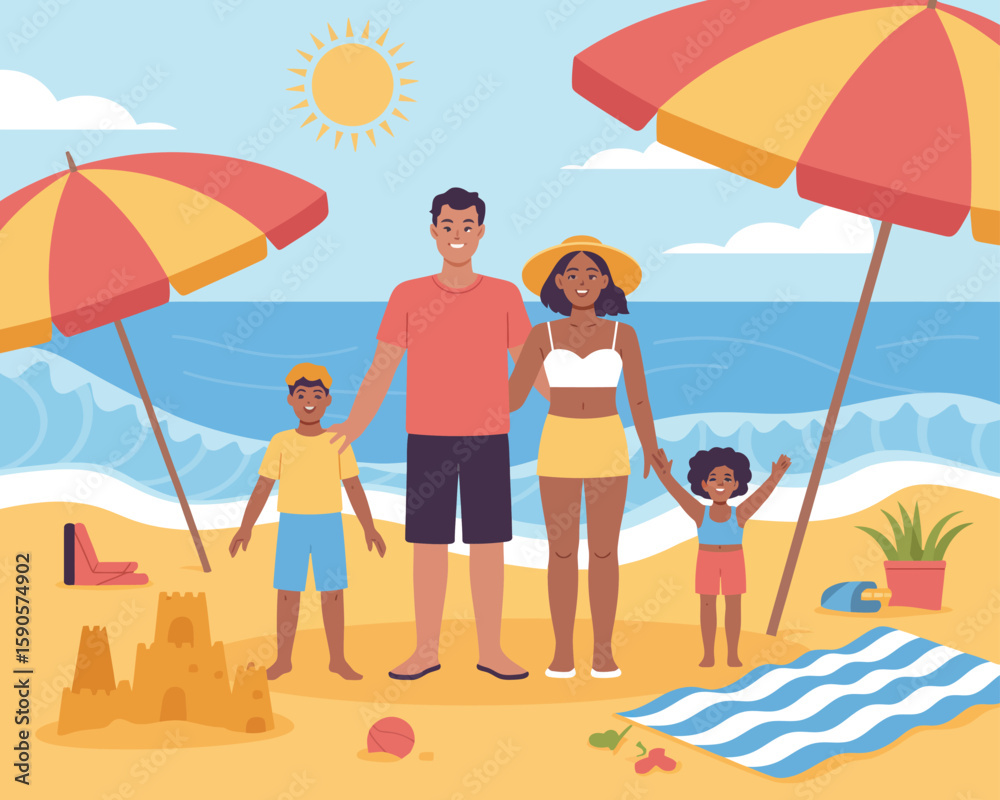 Fototapeta premium Summer Beach Vector with Family Fun Sandcastles and Ocean View