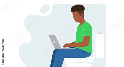 Illustration of a person working on a laptop while sitting on a toilet; perfect for social media posts, articles about work-life balance, or humorous presentations.