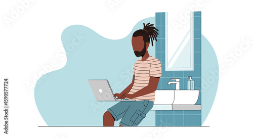 Illustration of a man working on his laptop in a bathroom, perfect for blog posts about remote work, flexible workspaces, or unusual work locations.