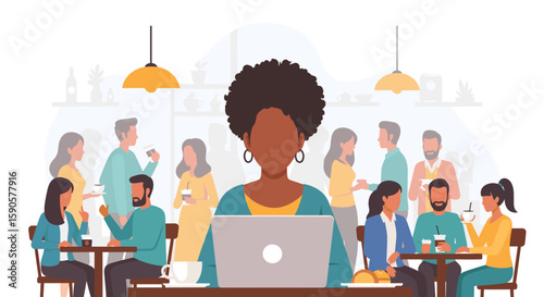 A woman works on her laptop in a busy cafe, ideal for illustrating remote work, coworking spaces, or the hustle of city life. Perfect for blogs, websites, or social media.