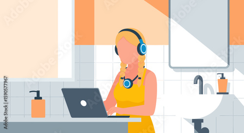 Woman working on laptop in bathroom, ideal for blog post on work-life balance or remote work.