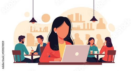 Woman working on laptop in a coffee shop, ideal for blog posts about remote work, freelance life, or cafe culture.