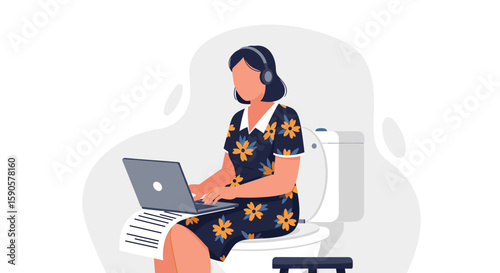 Illustration of a woman working on her laptop while sitting on a toilet; perfect for social media, blog posts, or articles about work-life balance and remote work challenges.