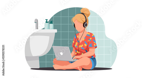 Woman using laptop in bathroom, perfect for blog posts about remote work, productivity, or work-life balance.