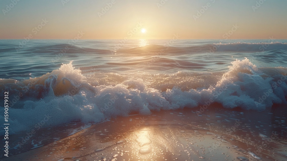 Naklejka premium By the seaside, gentle waves lap against the sandy shore