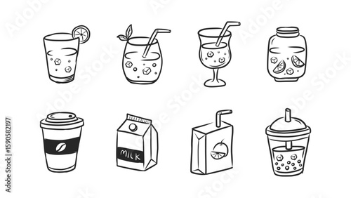 Assorted Hand-Drawn Beverage Icons: Juices, Coffee, Milk, and Bubble Tea