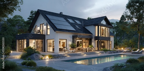 3D rendering of a modern house with solar panels on the roof and a swimming pool in the garden at evening time. The exterior of this modern family home features black tiles, white walls, large windows