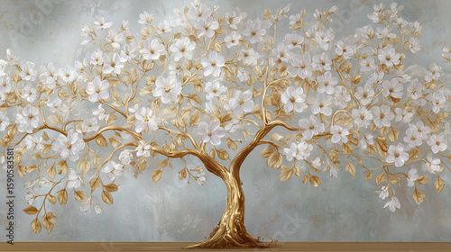 Luxurious 3D mural featuring a golden tree of life adorned with delicate white flowers on a textured background.