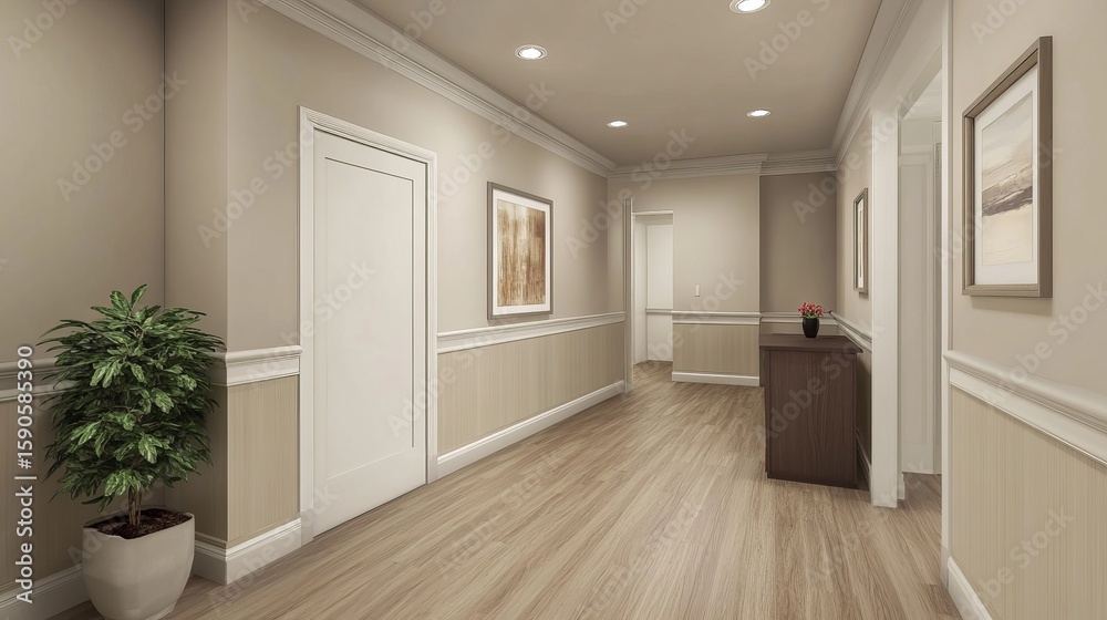 Obraz premium Elegant Interior Hallway Design With Artwork And Potted Plant. Home Decor Inspiration
