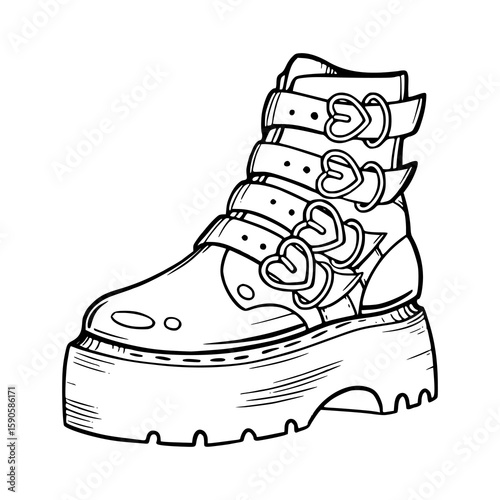 gothic platform boot with heart buckles outline