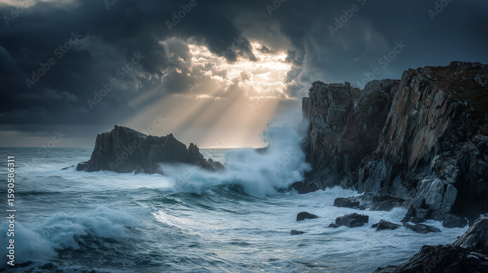 Fototapeta premium Crashing ocean waves against jagged cliffs, storm clouds rolling in with shafts of light