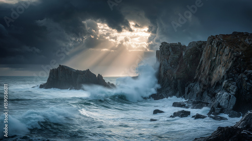 Fototapeta Naklejka Na Ścianę i Meble -  Crashing ocean waves against jagged cliffs, storm clouds rolling in with shafts of light