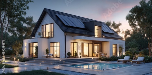 3D rendering of a modern house with solar panels on the roof and a swimming pool in the garden at evening time. The home's exterior is designed with white walls and black tiles for the windows