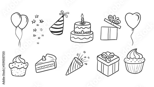 Collection of Hand-Drawn Party and Celebration Icons: Balloons, Cake, Gifts, and More