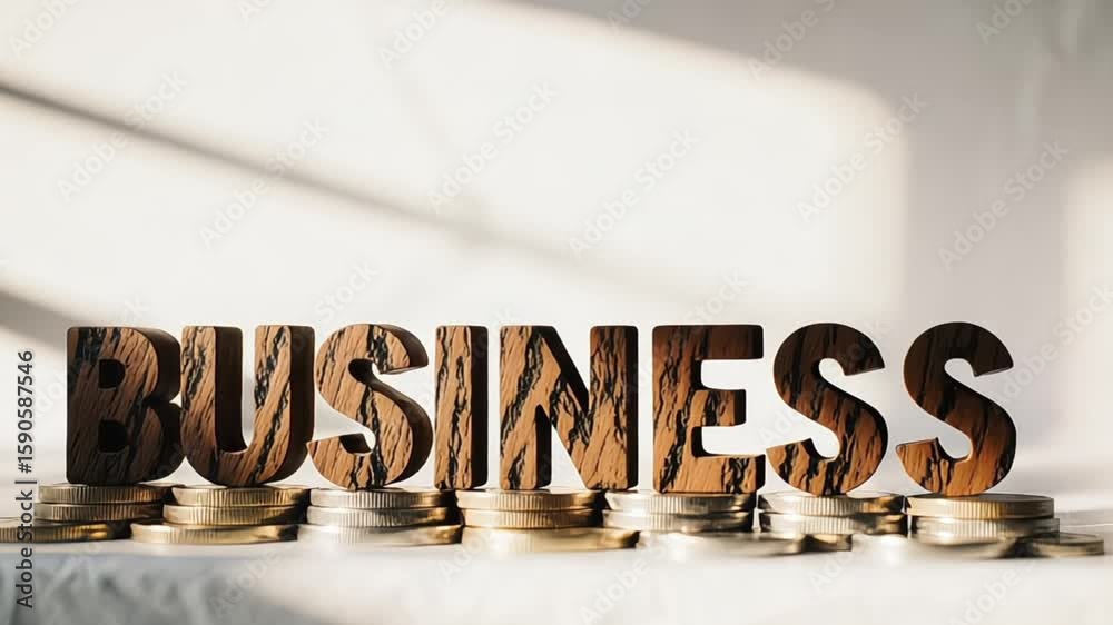 Wooden business letters on coins stack for financial growth concept