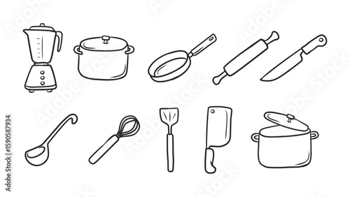 Extensive Set of Hand-Drawn Kitchen Utensils and Appliances for Cooking and Baking Themes