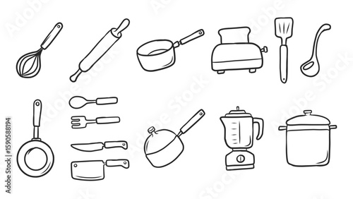 Extensive Set of Hand-Drawn Kitchen Utensils and Appliances for Cooking and Baking Themes