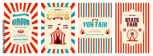 Vintage poster set. Circus, state fair and fun fair horizontal banners. Design for events, festival, carnival, party, performance, advertising and more. Retro vector illustration