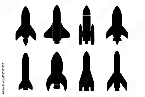 Variety of Rocket Silhouettes in Black on White Background