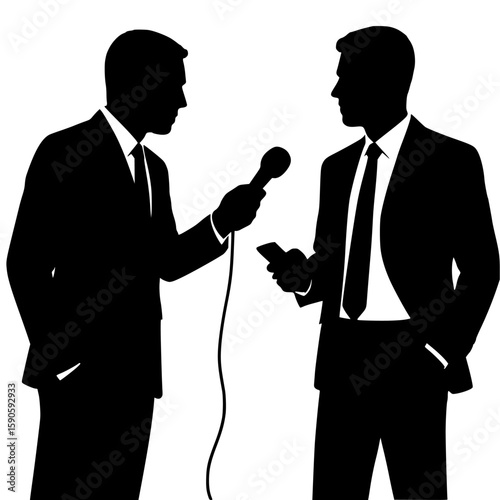 Silhouette of Two Men Engaging in Conversation with a Microphone