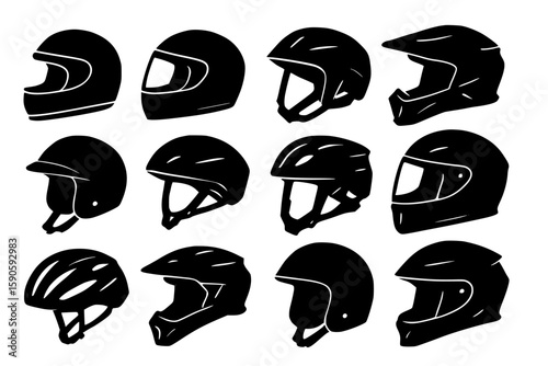 Variety of Silhouetted Helmets in Black on white background