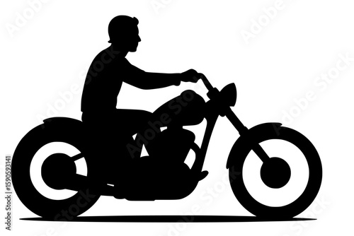 Silhouette of a man riding a motorcycle against a white background