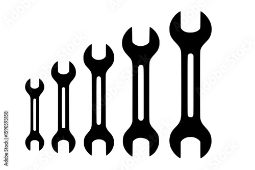 Silhouettes of Wrenches in Varying Sizes, Black Color on White Background