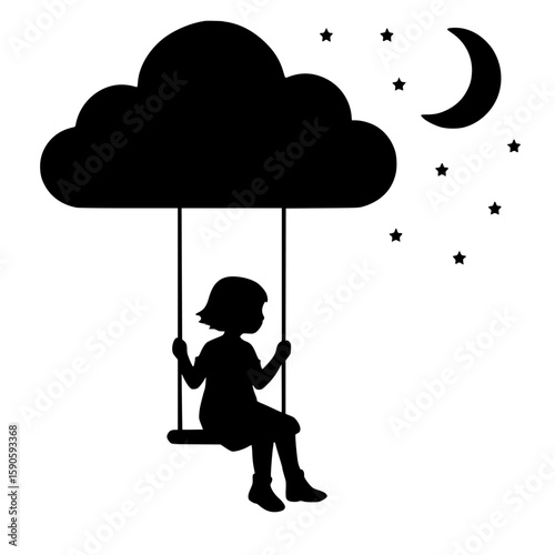 Silhouette of a Girl Swinging beneath a Cloud and Stars