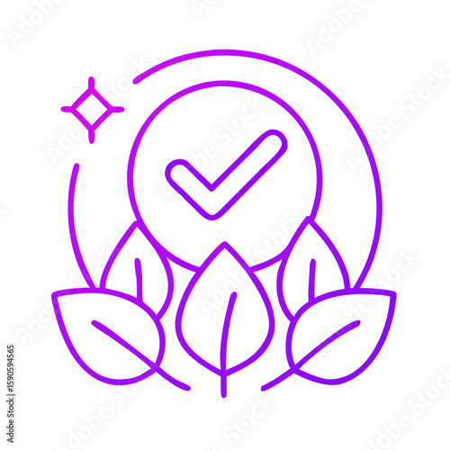 Eco-friendly icon with check mark and green leaves on white background  