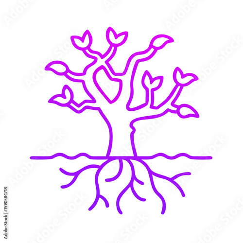 Abstract tree icon with roots and branches in vibrant pink style  