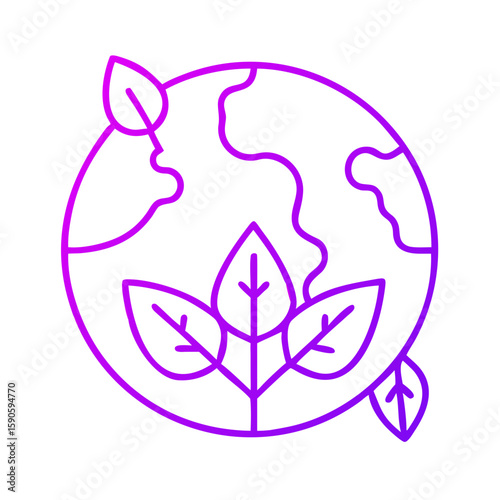 Earth globe with leaves in minimalist style and purple outline  