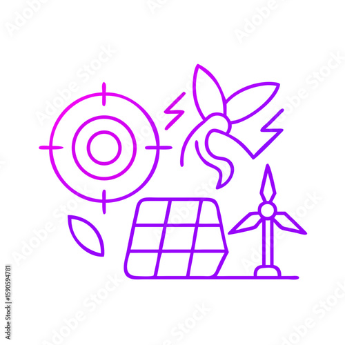 Renewable energy symbols with solar panels, wind turbines, and leaves  