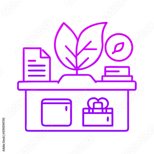 Office desk with plants, documents, and decorative items in modern style  