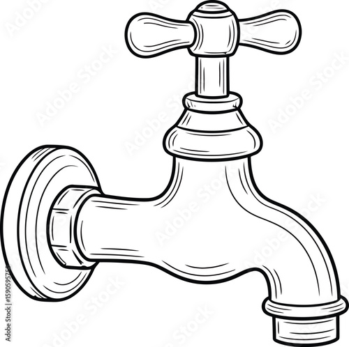 Vintage Faucet Illustration Detailed Line Art of a Classic Water Tap Design