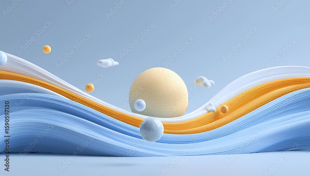 Abstract wavy forms with pastel colors and floating spheres