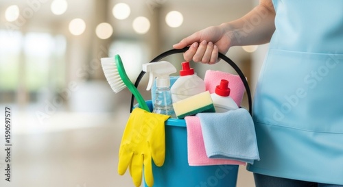 Photo of a cleaning lady carries a bucket full of cleaning supplies, ready to tackle any mess