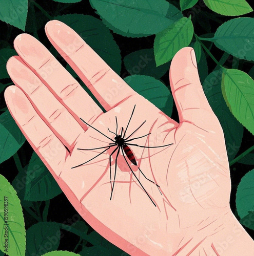 an open palm and a mosquito perched on it to suck blood.