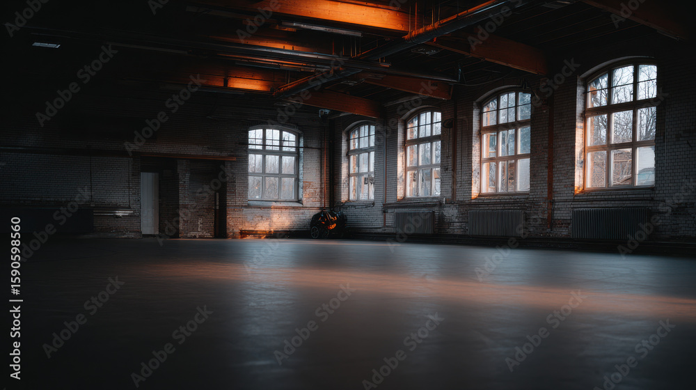 Fototapeta premium Spacious industrial room with large windows allowing warm light to filter in, creating serene atmosphere