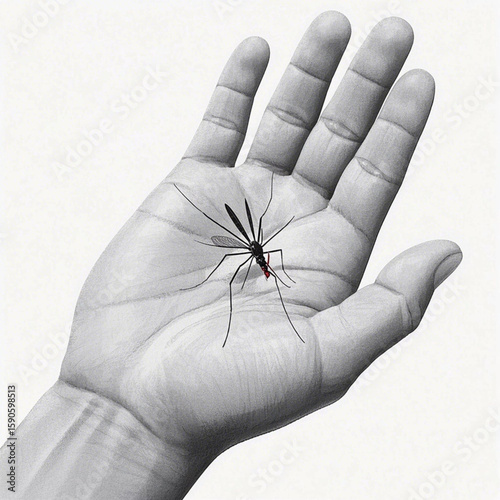 an open palm and a mosquito perched on it to suck blood.