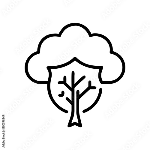 An illustrative icon representing a tree within a protective shield, signifying environmental conservation, nature, and sustainability, creating a sense of harmony.