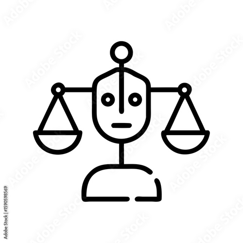 An emblematic depiction of Justice, rendered in minimalist, black-line art, showcases balance and fairness.