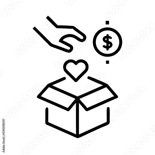A symbolic representation of charity and giving, with a hand reaching towards a heart and a donation box and money. Expressing kindness and generosity. 